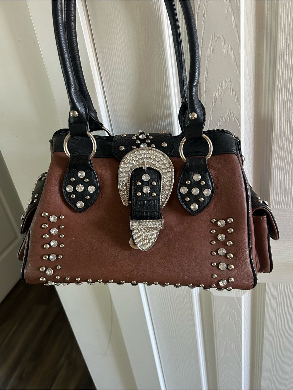 Western Brown and Black Studded Bag with Rhinestone Buckle